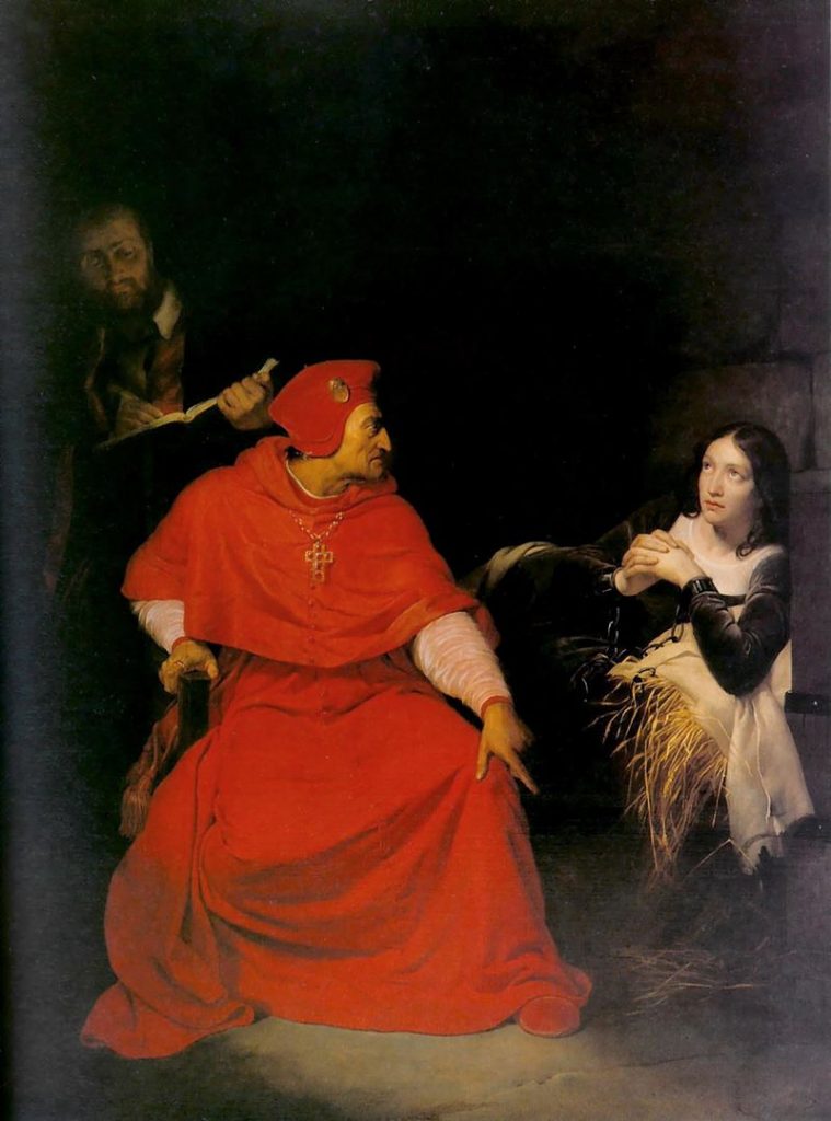 Cardinal Beaufort interrogating Joan of Arc in prison.