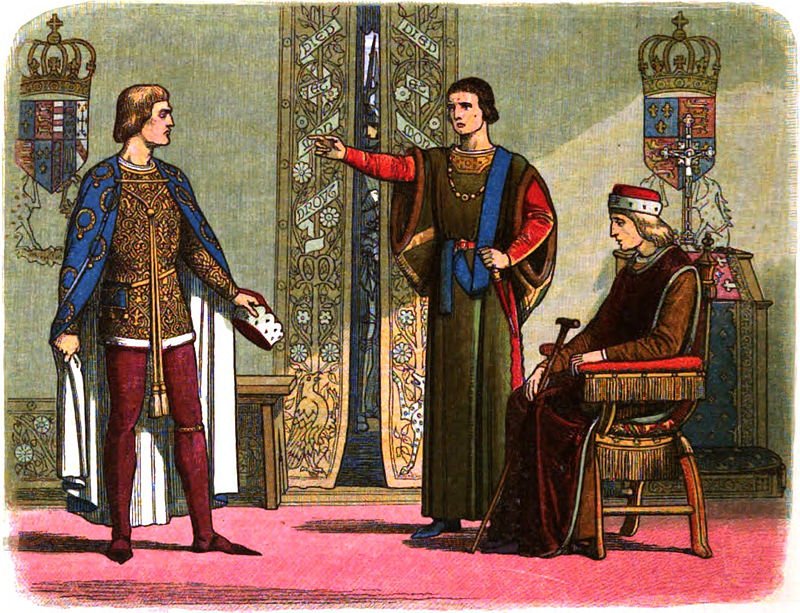 Henry VI (sitting) while the Duke of York (left) and Duke of Somerster (centre) have an argument