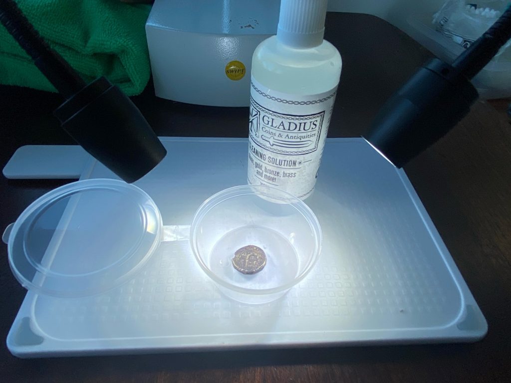 Coin soaking in Galdius Cleaning Solution