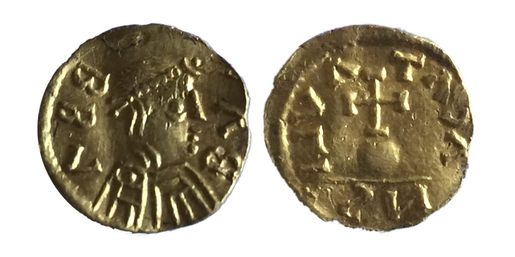 Saxon gold Tremissis coin portraying king bubba